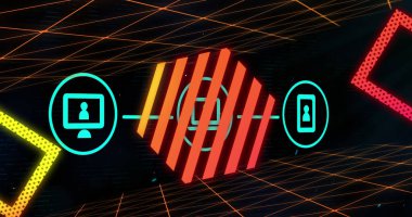 Image of hello text in yellow glowing stock interface over with masks. Global data processing connections digital interface technology and networking concept digitally generated image.