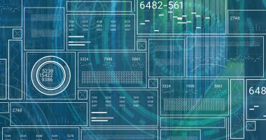 Composition of binary coding medical icons and data processing on screen on black background. Digital interface and technology concept.