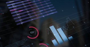 Image of data processing over landscape. Global digital interface technology and connections concept digitally generated image.