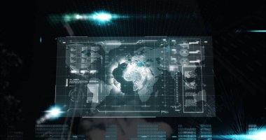 Image of data processing over globe on screen in background. Global connections digital interface and computing concept digitally generated image.