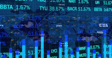 Image of financial data processing and statistics over world map on black background. Global finance, business and data processing concept digitally generated image.