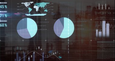 Image of data processing over server walking. Global business digital interface technology and networking concept digitally generated image.