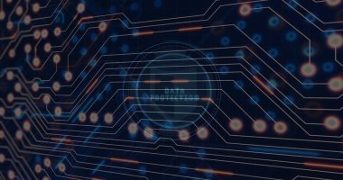 Image of network of connections with icons over data processing. Global business digital interface technology and networking concept digitally generated image.