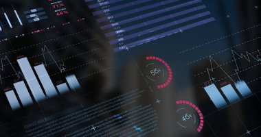 Image of data processing over landscape. Global digital interface technology and connections concept digitally generated image.