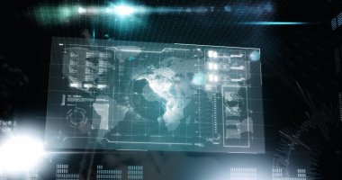 Image of data processing over globe on screen in background. Global connections digital interface and computing concept digitally generated image.