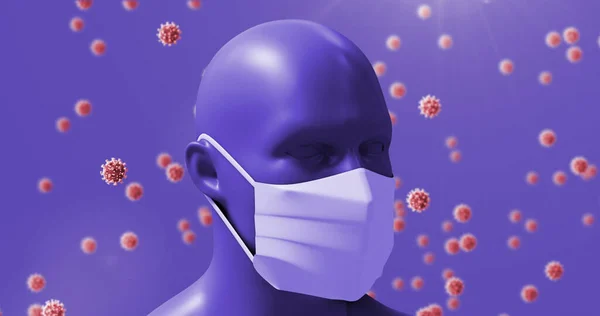 Illustration of human representation wearing mask with infected cells against purple background. Digitally generated, hologram, safety, protection, covid-19, corona, medical and healthcare concept.