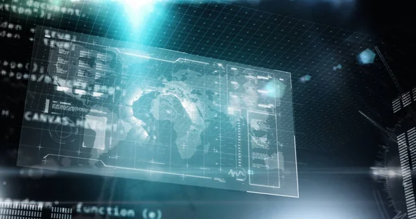 Image of data processing over globe on screen in background. Global connections digital interface and computing concept digitally generated image.
