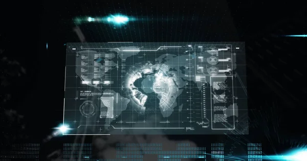 Image of data processing over globe on screen in background. Global connections digital interface and computing concept digitally generated image.