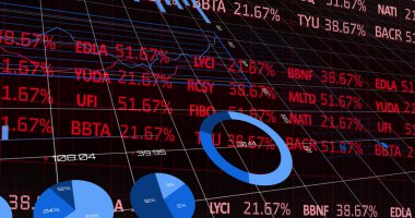 Kara fon üzerinde istatistik ve veri işleme görüntüsü. Global, dijital olarak oluşturulan iş ve veri işleme kavramını finanse eder.