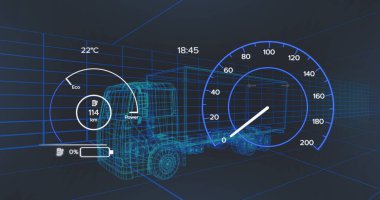Image of scope scanning and data processing over stock market on black background. Global digital security and identity digital interface and data processing concept digitally generated image.