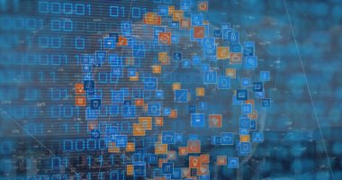 Image of binary code over globe made of icons. Internet, network, data processing, digital security and technology concept digitally generated image.