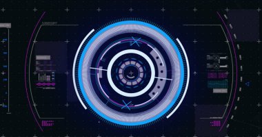 Image of qr code over scope scanning and data processing on black background. global technology, computing and digital interface concept digitally generated image.