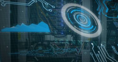 Kara arka planda borsada tarama ve veri işleme görüntüsü. Dijital arayüz teknolojisi ve ağ konsepti dijital olarak oluşturuldu.