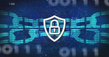 Image of digital shield with padlock and block chain over binary code and navy background. Internet safety, data security, data processing and technology concept digitally generated image.