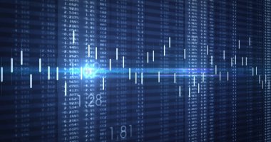 Borsa görüntüsü ve mavi arka plandaki rakamlar. küresel iş, finans, bağlantılar ve dijital arayüz konsepti dijital olarak oluşturulmuş görüntü.