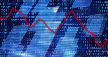 Image of graphs, binary code and navy background. Global finance, economy, data processing, network and technology concept digitally generated image.