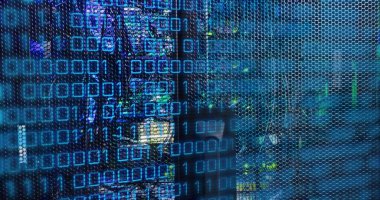 Image of binary code and data over servers. Global network, data processing, digital communication and technology concept digitally generated image.