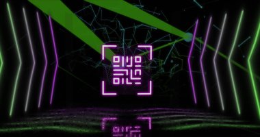 Image of qr code over neon shapes and networks of connections on black background. data processing, computing and digital interface concept digitally generated image.