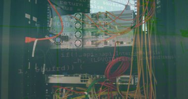 Image of data processing and email icons over business people wearing headsets. Global business and digital interface concept digitally generated image.