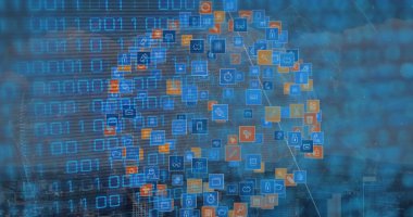 Image of binary code over globe made of icons. Internet, network, data processing, digital security and technology concept digitally generated image.