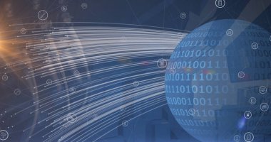 Image of icons floating over globe and binary code. global network, data processing and technology concept digitally generated image.