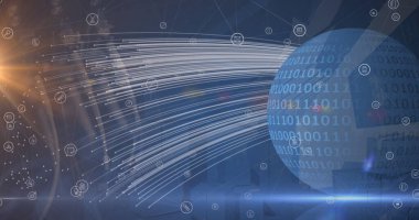 Image of icons floating over globe and binary code. global network, data processing and technology concept digitally generated image.