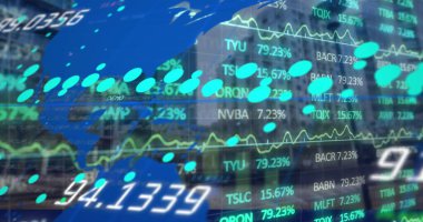 Image of stock market data processing over world map against tall buildings. Global economy and business technology concept