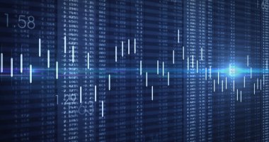 Borsa görüntüsü ve mavi arka plandaki rakamlar. küresel iş, finans, bağlantılar ve dijital arayüz konsepti dijital olarak oluşturulmuş görüntü.