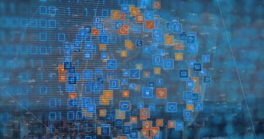 Image of binary code over globe made of icons. Internet, network, data processing, digital security and technology concept digitally generated image.