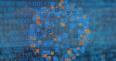 Image of binary code over globe made of icons. Internet, network, data processing, digital security and technology concept digitally generated image.