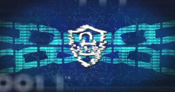 Image of digital shield with padlock and block chain over binary code and navy background. Internet safety, data security, data processing and technology concept digitally generated image.