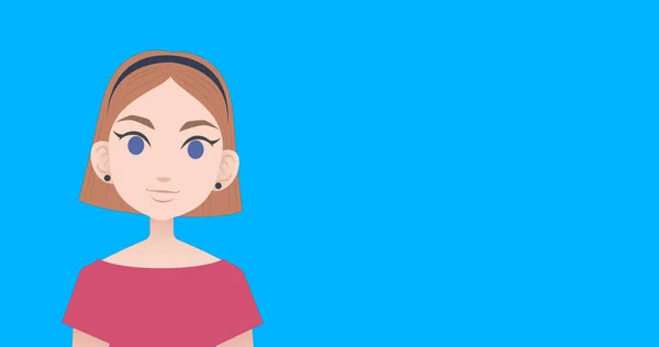 Image of pictogram of woman in pink dress with copy space on blue background. Business, education and female professional concept digitally generated image.