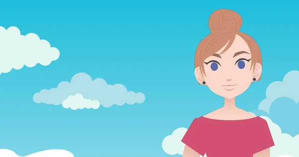Image of pictogram of woman in pink dress with copy space on blue sky and clouds background. Business, education and female professional concept digitally generated image.
