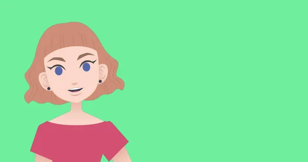 Image of pictogram of woman in pink dress with copy space on green background. Business, education and female professional concept digitally generated image.