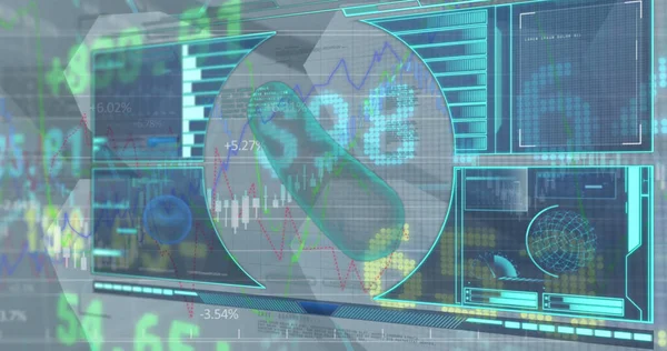 Image of digital interface and stock market data processing against grey background. Global economy and computer interface technology concept