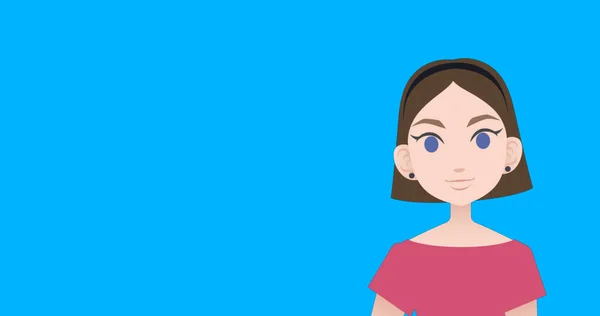 Image of pictogram of woman in pink dress with copy space on blue background. Business, education and female professional concept digitally generated image.
