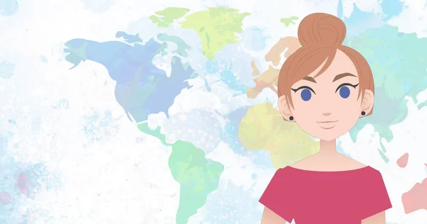 Image of pictogram of woman in pink dress with copy space on world map background. Business, education and female professional concept digitally generated image.