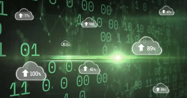 Image of clouds with uploading over binary code on green background. data processing, cloud computing and technology concept digitally generated image.