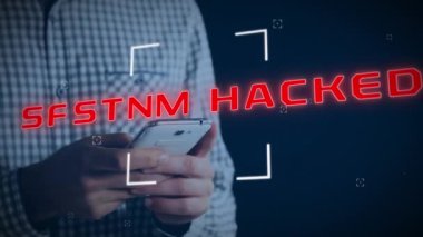 Animation of scope scanning over system hacked text over mid section of a man using smartphone. Cyber security and business technology concept