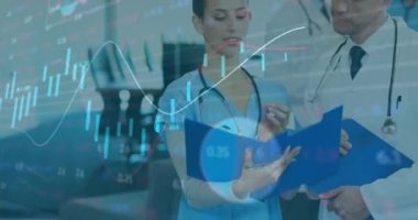 Animation of multiple graphs moving over diverse smiling doctors analyzing reports in hospital. Digital composite, multiple exposure, data, report, medical, healthcare, discussing, futuristic.