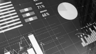 Animation of financial data processing over cityscape. Global business, finances, computing and data processing concept digitally generated video.