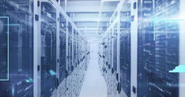 Animation of multiple profile icons against mosaic squares over computer server room. Global networking and business data storage technology concept