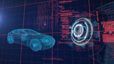 Animation of neon round scanner and data processing over 3d car model against blue background. Automobile engineering technology concept