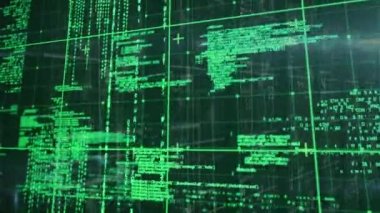 Animation of grid pattern and plus signs over computer language against black background. Digitally generated, hologram, symbols, three dimensional, shape, coding, machine learning and technology.