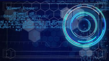 Animation of neon round scanner and data processing against hexagonal shapes on blue background. Computer interface and business technology concept