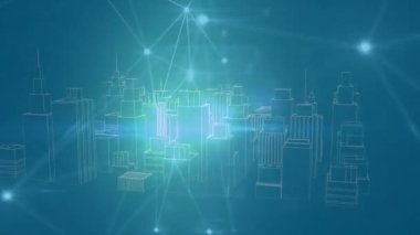 Animation of illuminated connected dots moving over 3d cityscape structure with buildings. Digitally generated, multiple exposure, telecommunication, futuristic, blueprint, architecture, vector.