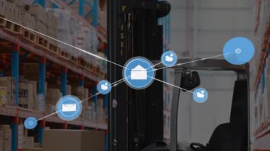 Animation of icons connecting with lines over forklift with cardboard boxes in warehouse. Digital composite, multiple exposure, message, social media, transportation, logistics and shipping concept.