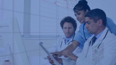 Animation of data processing over diverse doctors. Global medicine, healthcare, business, computing and data processing concept digitally generated video.