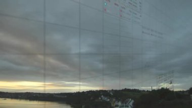 Animation of stock market data processing over landscape with fields and cloudy sky. Global economy and business technology concept