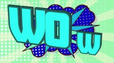 Animation of wow text over a retro speech bubble against dots row pattern on green background. Comic and expression concept